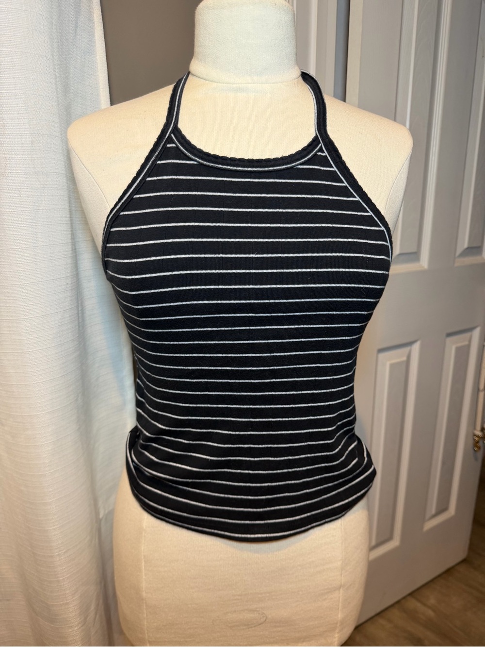 American Eagle Outfitters Black & White Striped Halter Tank
